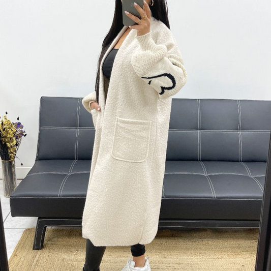 Manteau Long Bi-Matière à Motifs Cœur
