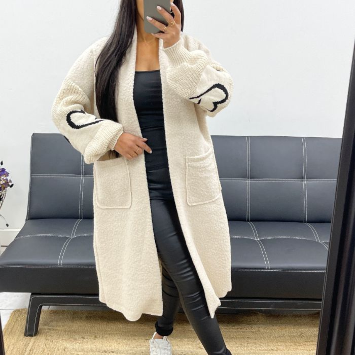 Manteau Long Bi-Matière à Motifs Cœur