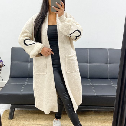 Manteau Long Bi-Matière à Motifs Cœur