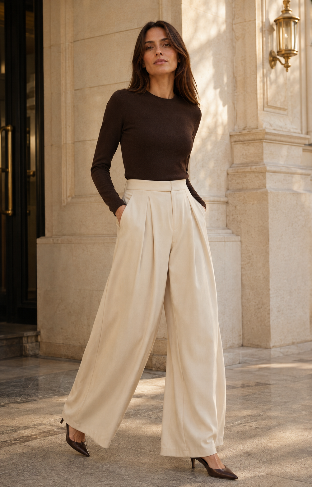 Pantalon large à pinces ivoire Alma
