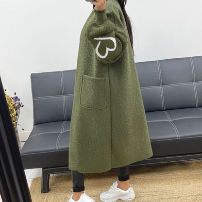 Manteau Long Bi-Matière à Motifs Cœur