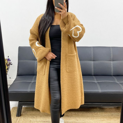 Manteau Long Bi-Matière à Motifs Cœur