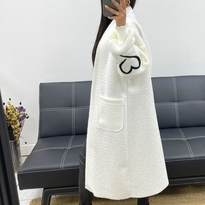 Manteau Long Bi-Matière à Motifs Cœur