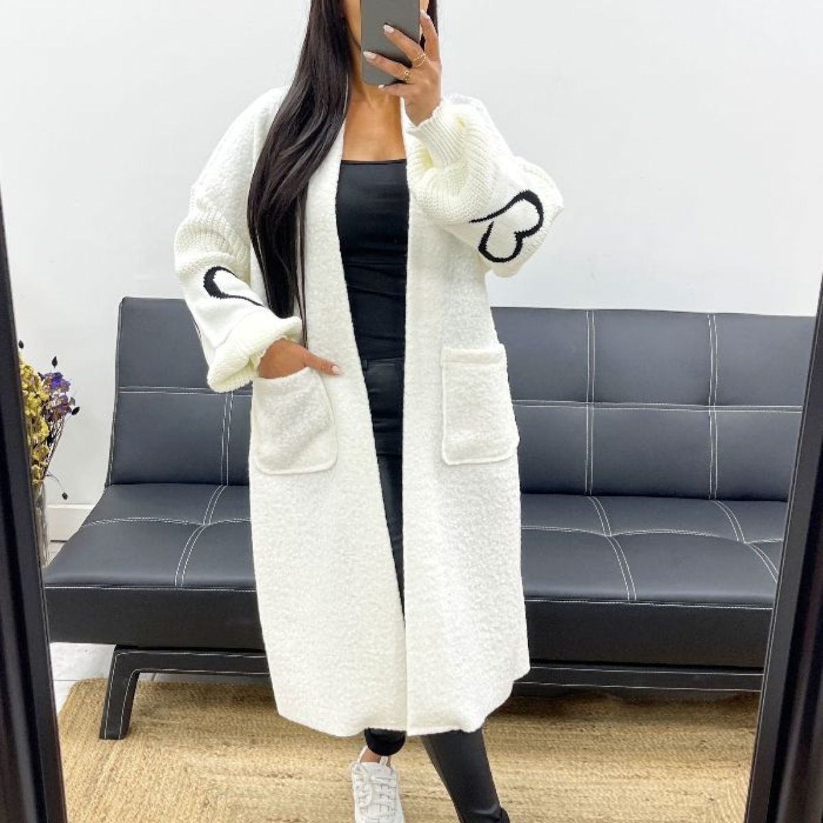 Manteau Long Bi-Matière à Motifs Cœur