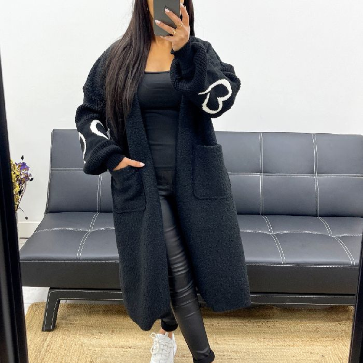 Manteau Long Bi-Matière à Motifs Cœur