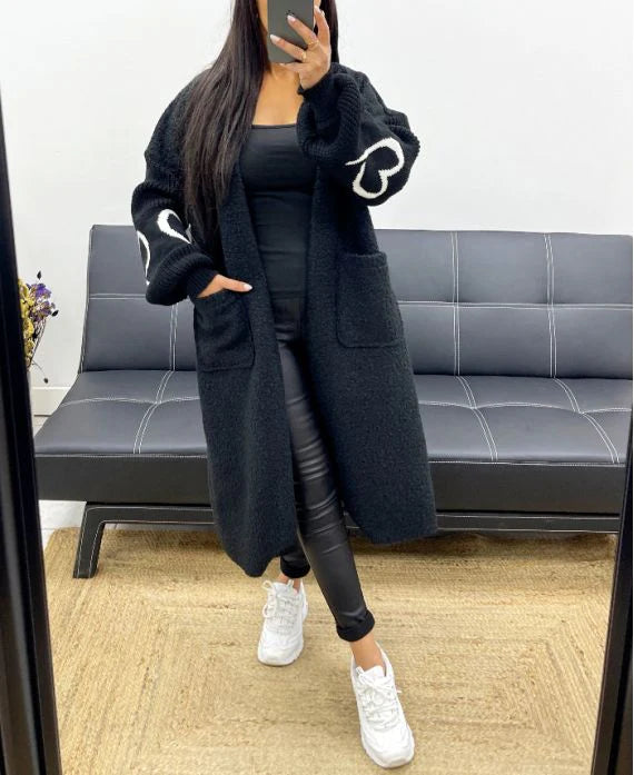 Manteau Long Bi-Matière à Motifs Cœur