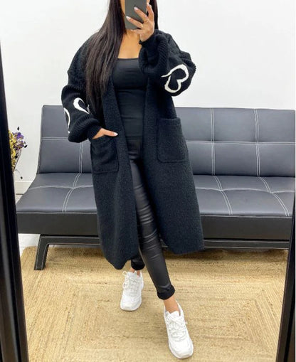 Manteau Long Bi-Matière à Motifs Cœur