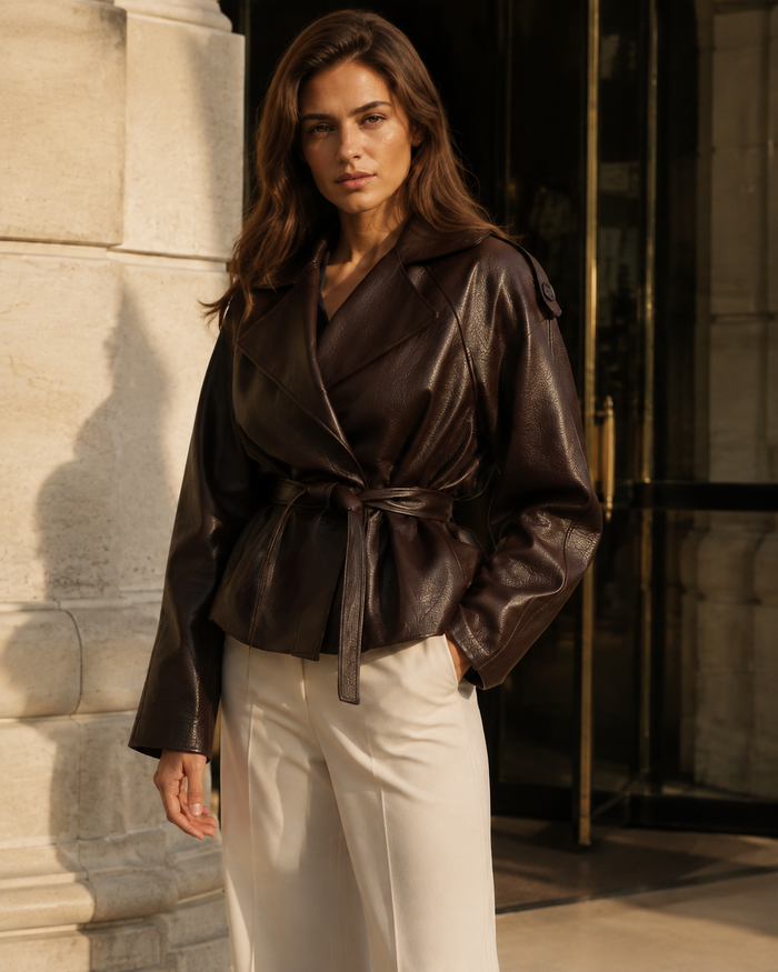 Veste ceinturée effet cuir chocolat Sienna